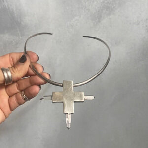 Edgy Sterling silver cross with raw quartz crystals necklace one of a kind